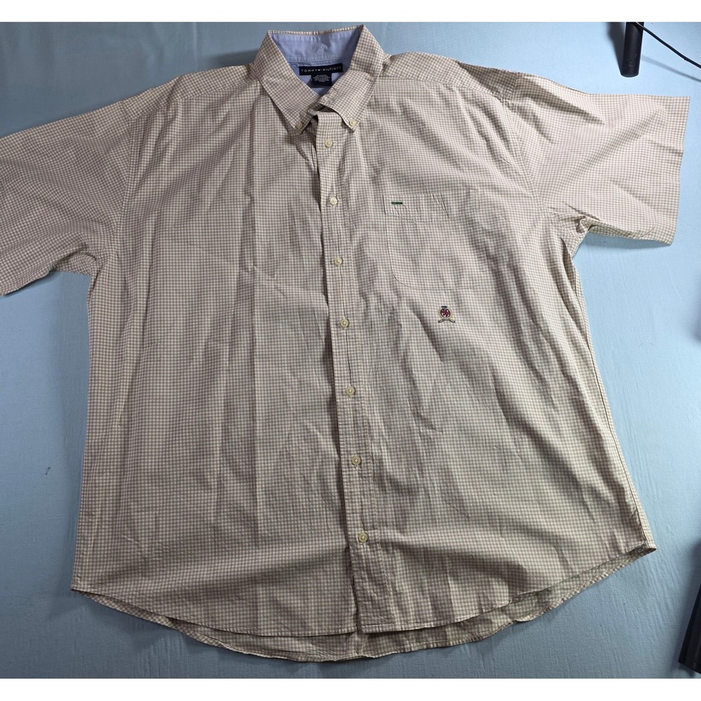 Vintage Tommy Hilfiger Mens XXL Tan Gingham Short Sleeve Button Down Shirt 10/00